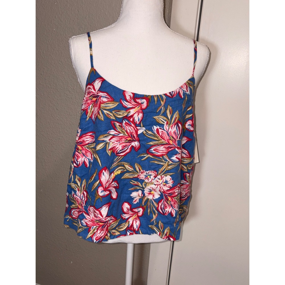 A New Day Women Blue Tropical Floral Linen Blend Cami Tank Top Large‎ NWT